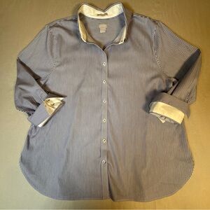 Chicos Blue & White Pin-Striped No-Iron Shirt Collared 3/4 Sleeve Size 4